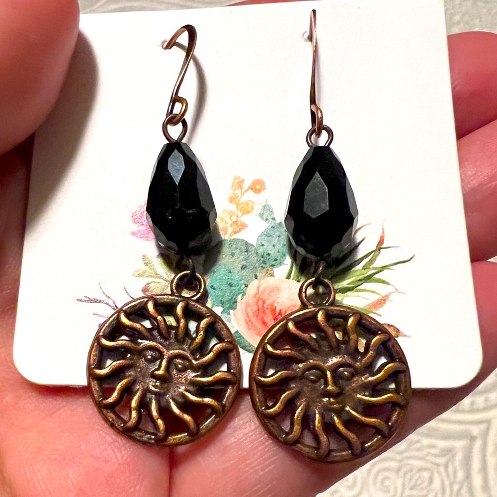 Bronze Sun Earrings with Black Beads (NEVER WORN)